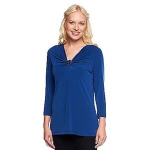 Susan Graver Womens 3X Liquid Knit 3/4 Sleeve Top Blue Beaded V Neck NWT